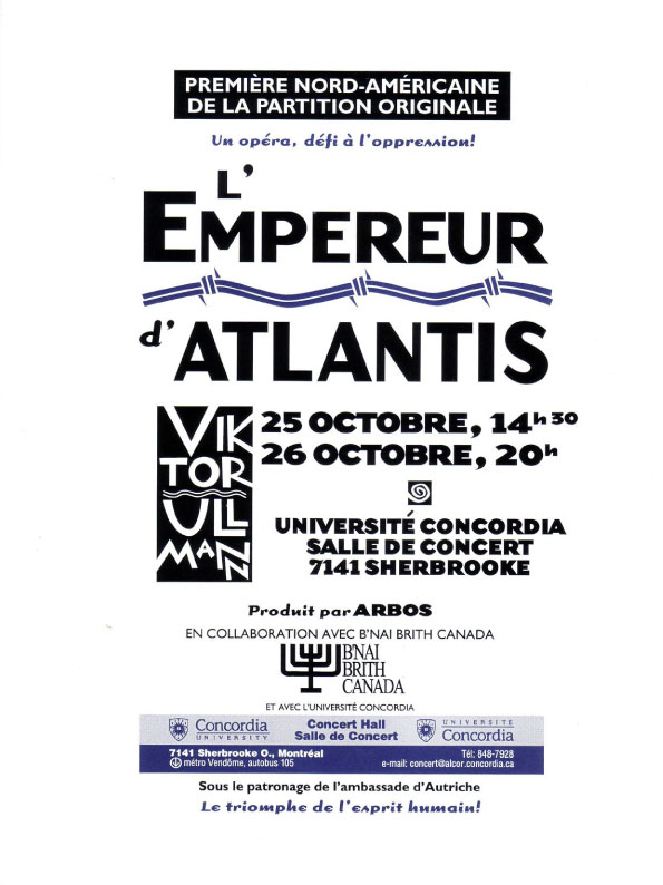 1996 - Viktor Ullmann - L`Empereur d`Atlantis - Première Nord-Américaine - Montréal Université Concordia